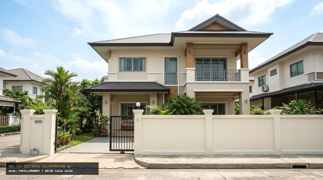 วิธีเลือกสีหลอดไฟในบ้าน (Warm White vs Cool White vs Daylight) ห้องไหนควรใช้กี่เคลวินให้ดูหรูและถ่ายรูปสวย (เจาะลึกสำหรับนายหน้าอสังหาฯ, เจ้าของบ้านขายเอง และสถาปนิก) - ภาพประกอบที่ 2: ผลลัพธ์ภาพถ่ายห้องครัวและห้องรับประทานอาหารหลังจัดระเบียบ (Decluttering 80%) และปรับสมดุลแสง HDR ดึงวิวสวนนอกหน้าต่างให้คมชัดระดับนิตยสารพร้อมลงประกาศขาย