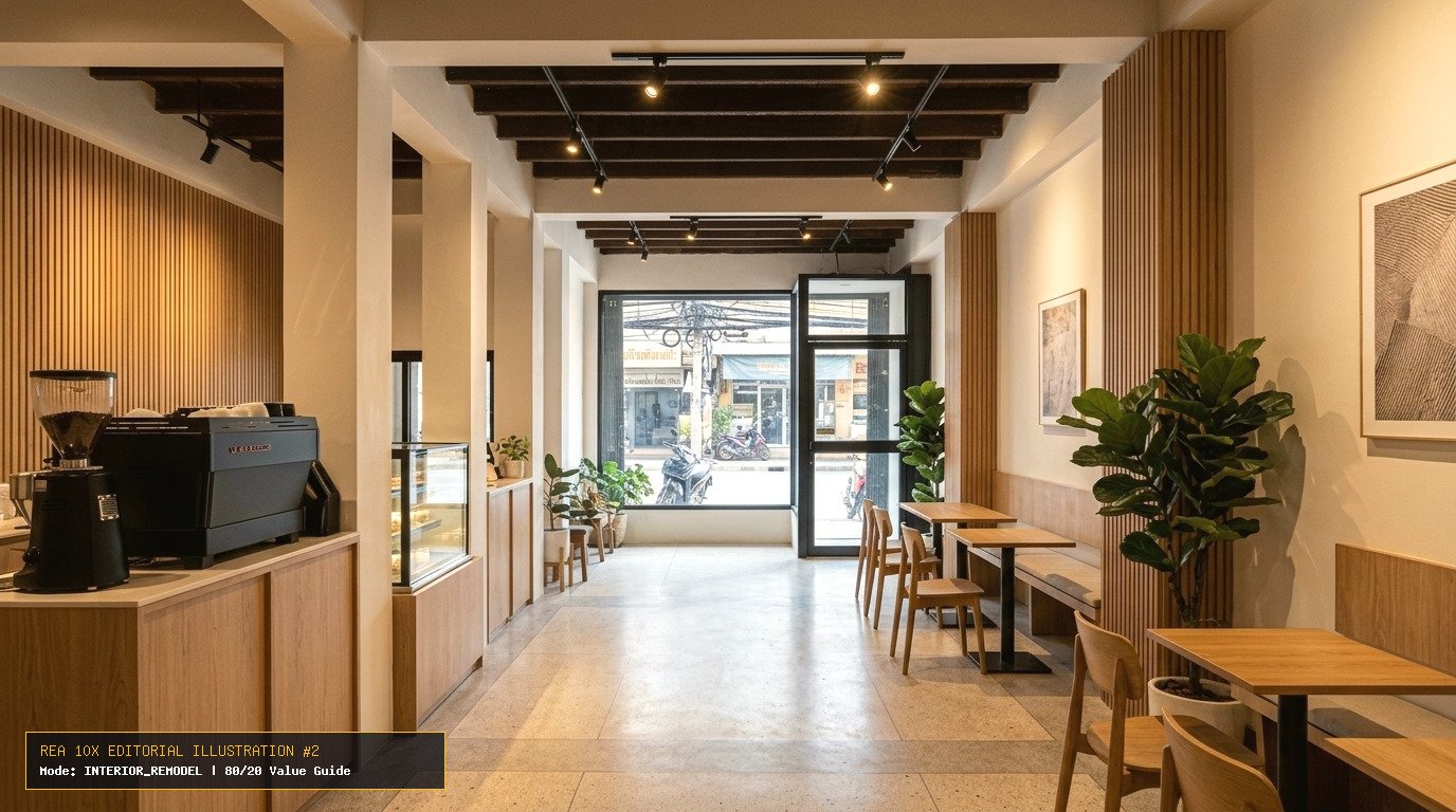 รีโนเวทบ้านเก่า งบเท่าไหร่? คู่มือเรียงลำดับงานช่าง 5 ขั้นตอน (รื้อ-ระบบ-ฝ้า-ผนัง-พื้น) ไม่ให้งบบานปลายและไม่โดนช่างทิ้งงาน - ภาพประกอบที่ 2: ห้องรับแขกทาวน์โฮมและบ้านมือสองหลังจากรีโนเวทครบ 5 ขั้นตอน (รื้อ-ระบบ-ฝ้า-ผนัง-พื้น) ด้วยพื้น SPC ลายไม้โอ๊ค ฝ้าหลุมซ่อนไฟ LED Warm White และผนังระแนงไม้โมเดิร์น